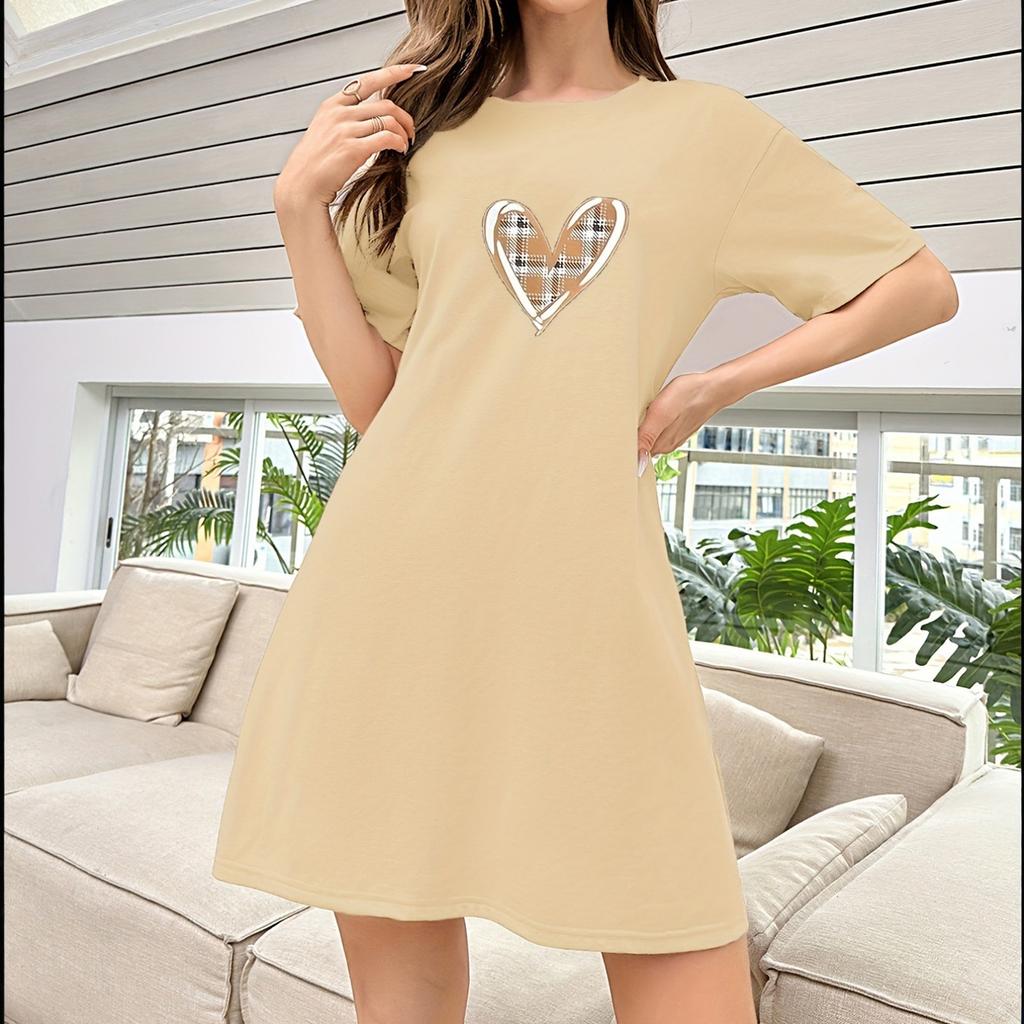 Women's Sleeping Skirt Thin And Sexy Sleeping Skirt Milk Silk Love Printed Short Sleeve Can Be Worn As An Outerwear Sleeping Skirt