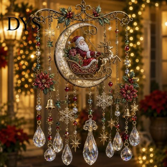 Festive Window Display Christmas Wind Chime with Crystal Bead Chain, Cat Car/Owl Xmas Vintage Train Pendant Pattern Design, Retro Hanging Ornament for