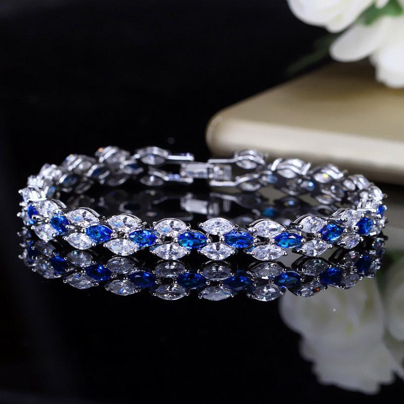 Pera Trendy Royal Tennis Prom Party Bracelets Big Marquise Blue Cubic Zirconia Stone Setting Silver Color Jewelry for Women B115 синий