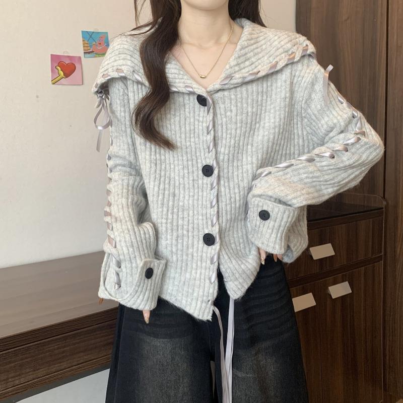 Autumn and winter new streamer lapel knitted cardigan navy collar soft waxy temperament lazy sweater jacket women