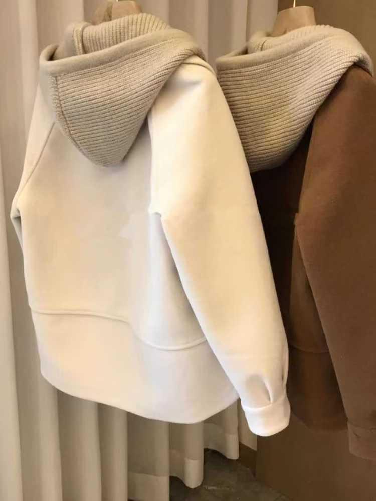 Petite Korean Style Patchwork Color Block Woolen Hooded Coat for Women - Autumn/Winter Short Design