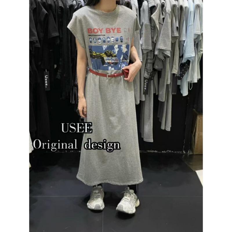 

Женское летнее модное и универсальное платье-футболка с круглым вырезом и длинными рукавами, свободное и утягивающее платье средней длины 2XL серый