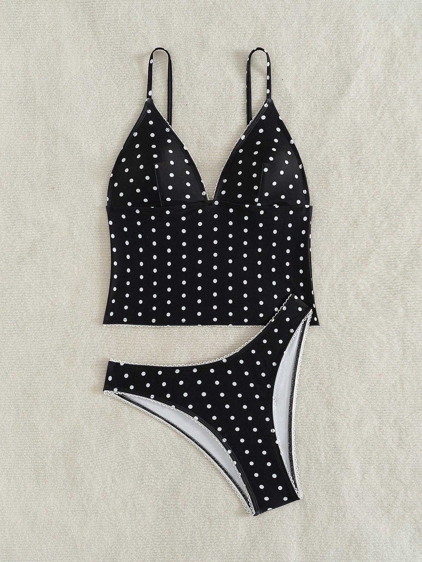 

Женский танкини на бретелях с V-образным вырезом в горошек, с низкой посадкой, сексуальный раздельный купальник-бикини XL чёрный