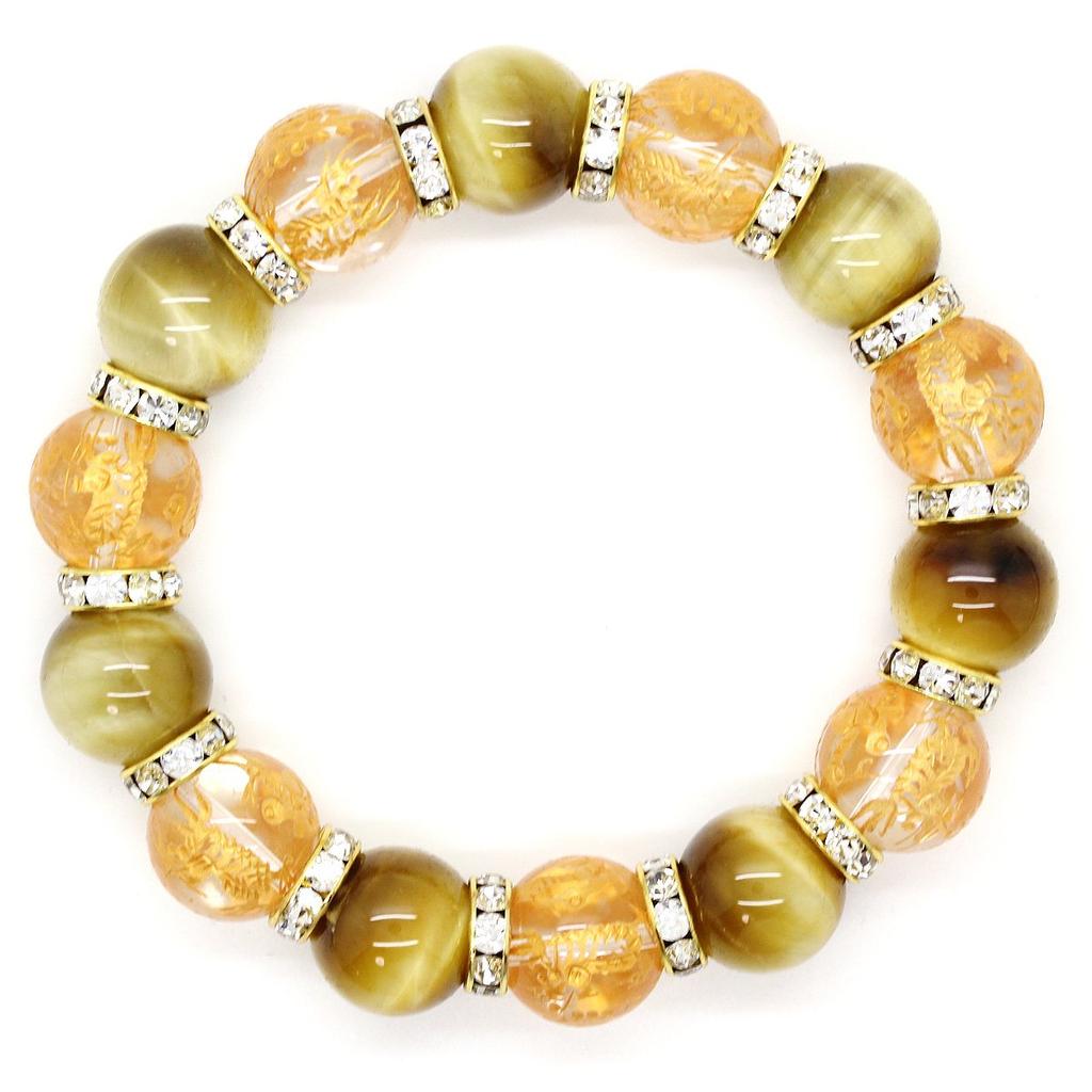 Sekihui Golden Tiger Eye 14mm Four Gods Crystal Bracelet Four Divine Beasts Carved Power Stone Fortune Lucky Amulet Unisex Stretchable 17cm Gift