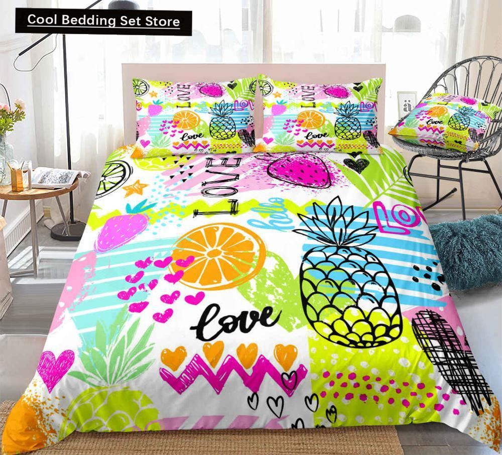 Fruit Pineapple Queen King Duvet Cover 3D Yellow Tropical Fruit Bedding Set Plants Comforter Cover 2/3pcs Polyester Quilt Cover
