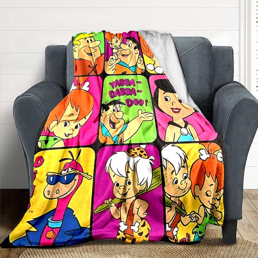 1pc Flintstones Family Flannel Throw Blanket HD Printed Lightweight Soft Warm All Season Blanket for Sofa, Bed, Travel, Camping Machine Washable