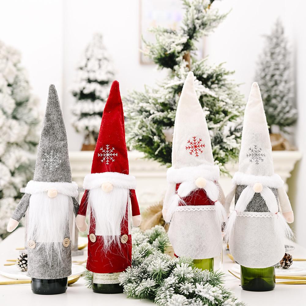 Festive Christmas Wine Bottle Covers Featuring Charming No-face Old Man Design In Red And Gray