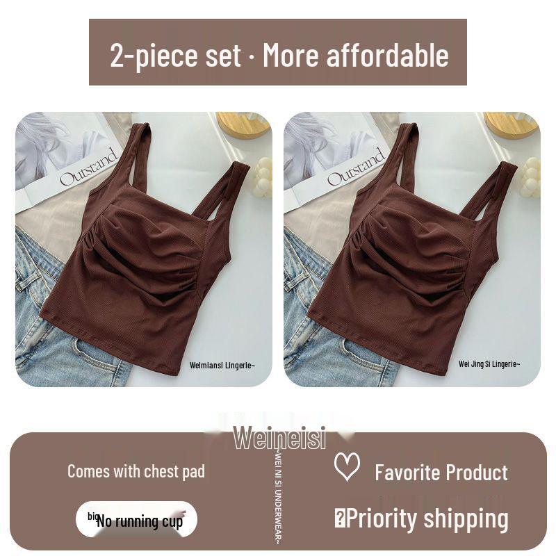 Korean Ruffled Spaghetti Strap Women's Tank with Chest Pads - Sexy Backless Slimming Base Layer