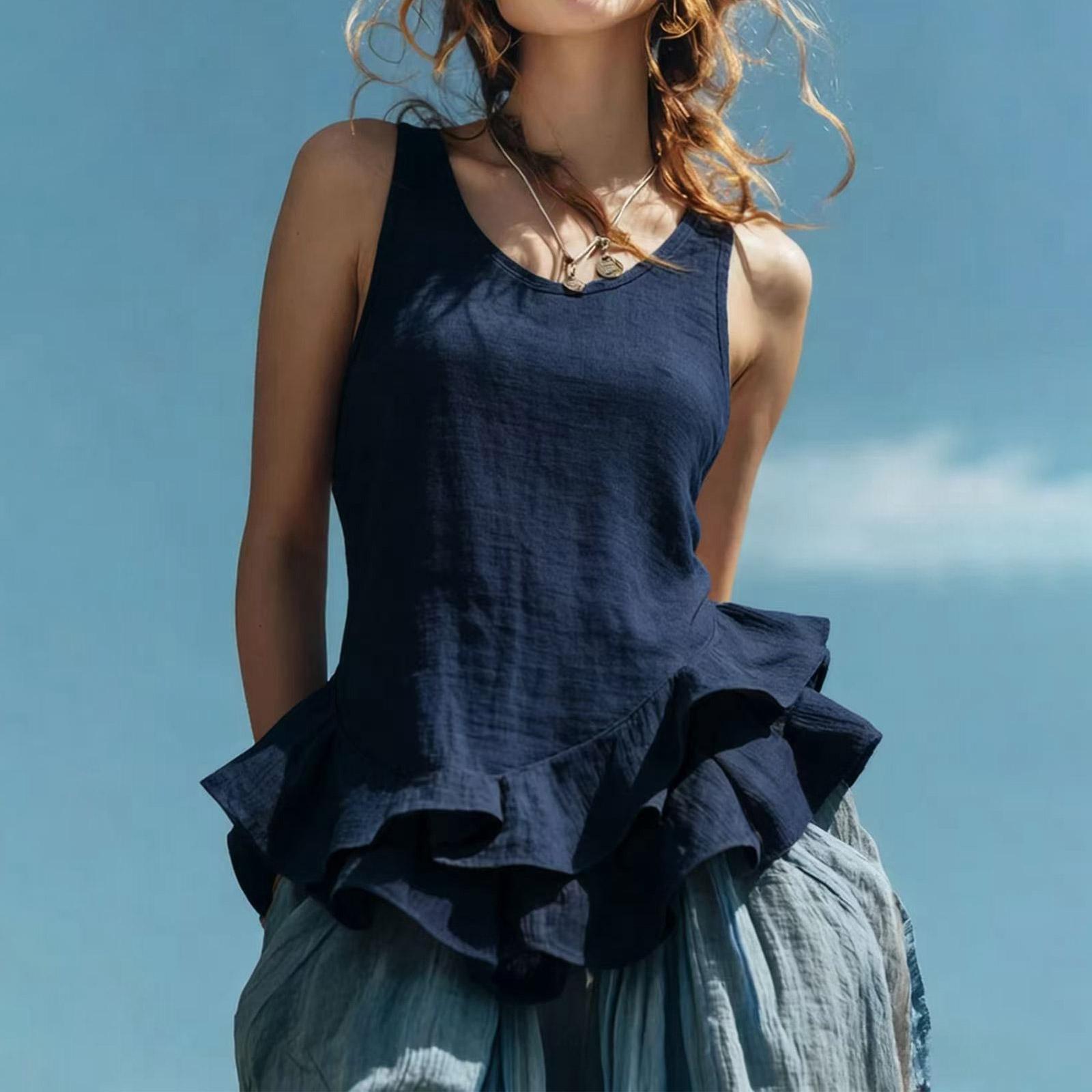 

Women Sleeveless Casual Peplum Hem Top Round Neck Relaxed Fit Ruffle Bottom Blouse Lightweight Tank Shirt for Daily Wear M тёмно-синий