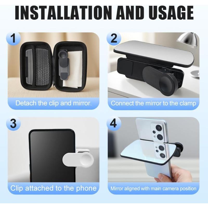 Mirror Reflection for iPhone, Smartphone Camera Mirror Reflection Clip Kit, HD Glass Mirrors for Phone To Use Back Camera, Portable