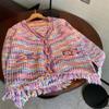 Autumn Rainbow Color Knitted Sweater Women Fashion V-Neck Tassel Decoration Cardigan Lady Retro Single-Breasted Casual Tops