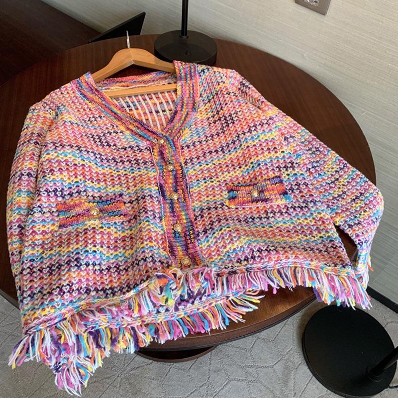 Autumn Rainbow Color Knitted Sweater Women Fashion V-Neck Tassel Decoration Cardigan Lady Retro Single-Breasted Casual Tops