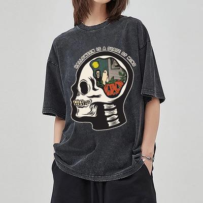 Skull Print Women's T-Shirt Summer Oversized Washed Neutral Short Sleeve Casual Trend Hip Hop Outfit Men