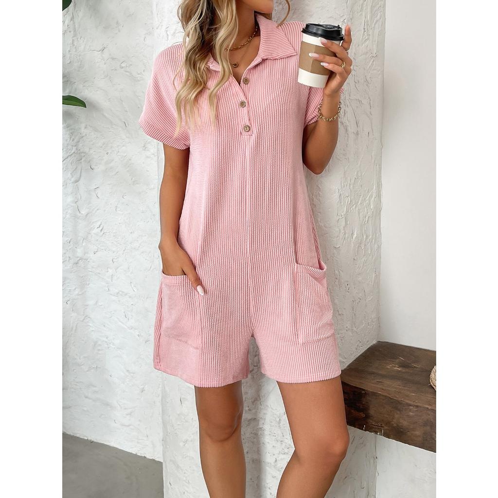 Summer Lapel Button Loose Pocket Short Sleeve Jumpsuit for Women, Leisure Casual One-piece Outfit for Europe America