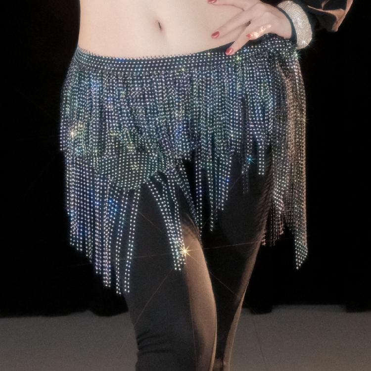 Belly Dance Hip Scarf Long Tassels Belly Dance Waist Chain with Rhinestones Decoration Belly Dance Belt Wrap Skirt