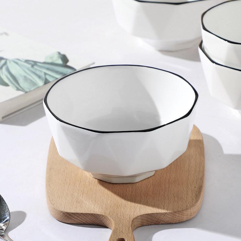Set of 4 Nordic Black Line Ceramic Noodle Bowls: Stylish and Versatile for Noodles, Soup, or Salad.