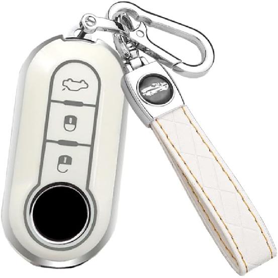 

HIBEYO Key Fob Cover Compatible with Fiat Ducato 500 500L Panda Grande Punto Lancia Musa 3 Button Keys Car Accessories TPU Silver-Edge Smart Remote Leather Keychain White