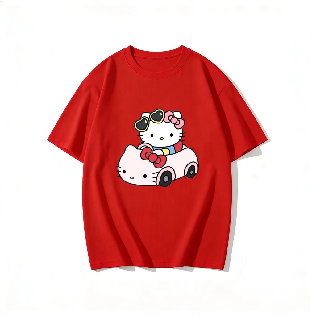2026 New Summer HelloKitty Cute Graphic Tee Casual Short Sleeve Cotton Top for Women Girls Kawaii Cartoon Print Streetwear