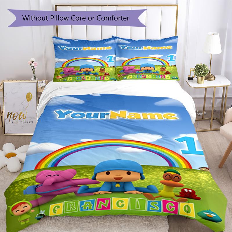 Pocoyo Individualisiere deinen Namen Bettwäsche-Set Atmungsaktive Bettbezüge mit Kissenbezügen Heimdekoration Geburtstagsgeschenk