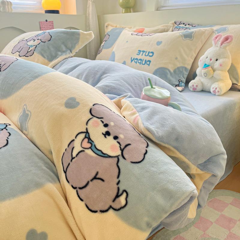Thickened Milk Fleece Four-Piece Set Cartoon Coral Fleece Quilt Cover Fleece Bedding Flannel Sheets