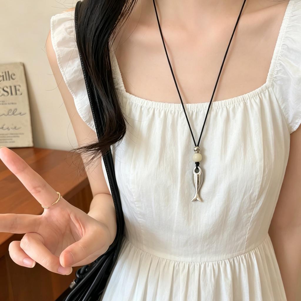 2026 Trendy Metal Fish Pendant Long Chain Leather Cord Necklace For Women Men Summer Fashion Personalized Charm Neck Jewelry