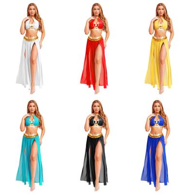 Dames Pailletten Kwastjes Buikdans Set - Halter Rugloos Crop Top & Split Mesh Rok voor Halloween