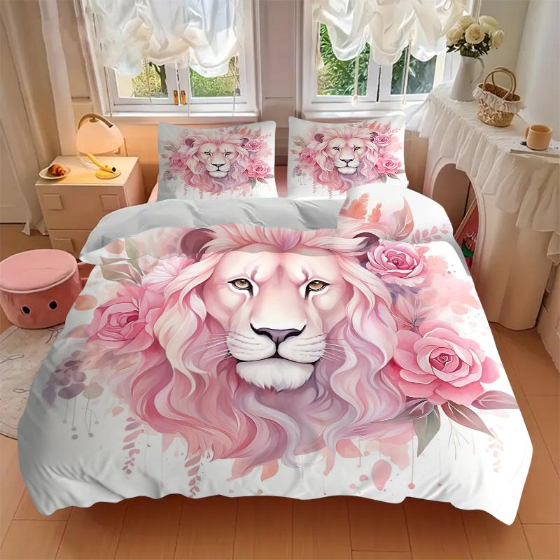 3pcs Pink Lion Pattern Bedding Set, 1* Cover + 2*Pillowcases, Printed Bedding Set, Soft and Comfortable, Suitable for Bedroom and Guest Room