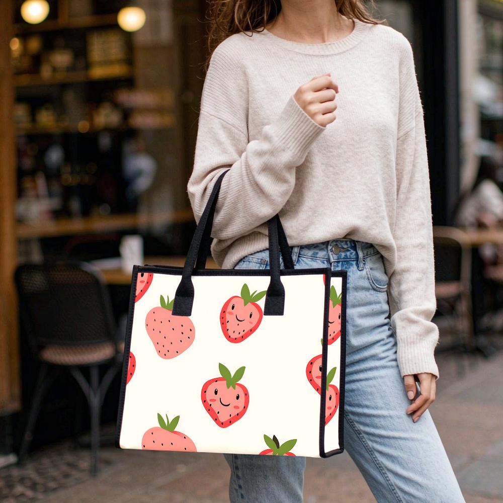 Cute Strawberry Printed Canvas Tote Bag Portable Casual Daily Shopping Handbag for Women