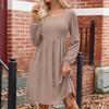 Women's Fashion Round Neck Casual Slim Solid  Waist Long Sleeve Dresses