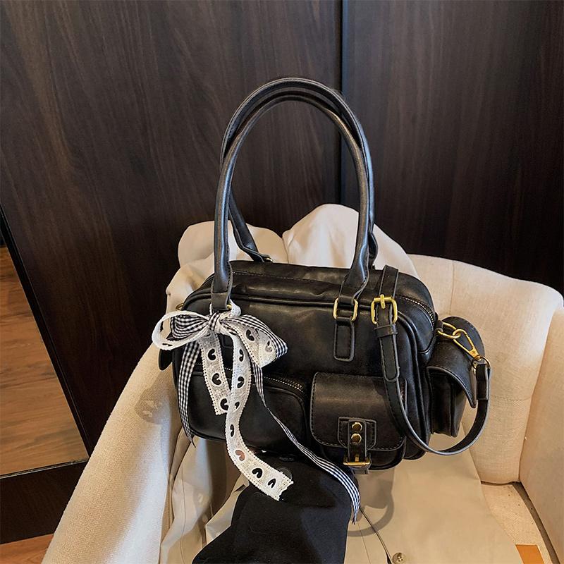 

Simple Retro Square Bags Fashionable Bow-decorated Shoulder Bags Versatile Popular Commuter Bags New Style Exquisite Boston Bags 26x10.5x16cm чёрный