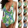 Women's One Piece Swimsuit Floral Print Deep V Neck Backless Sporty Swimwear Beachwear Bathing Suit