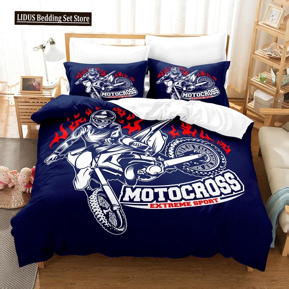 Motorcycle Duvet Cover Set Dirt Bike Extreme Sports Theme For Boy Girl Motocross Racer Polyester Bedding Set King Queen Size