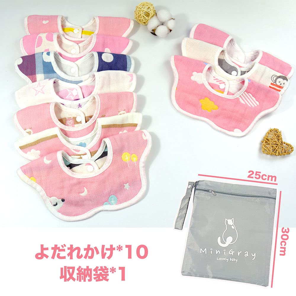 Śliniaczek z Kieszenią, Regulowany dla Chłopców i Usta, Prezent na Baby Shower [miniGray], Śliniaczki, Zestaw 10 sztuk, Torba, 100% Bawełna, 6-warstwowa Gaza, Obracany o 360 stopni,