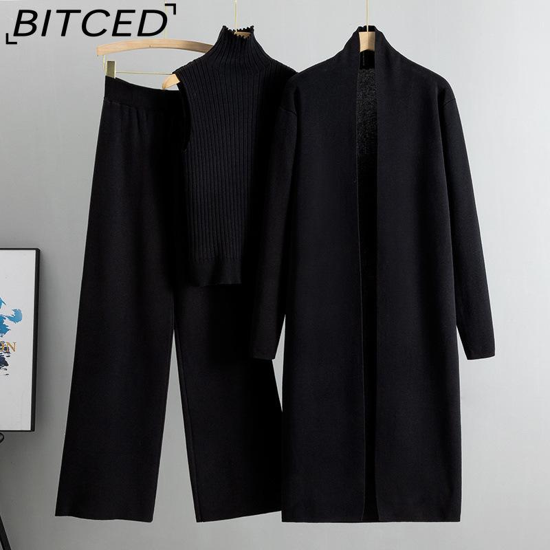 BITCED Spring and Autumn Laid-back Style Knitted Set, Sleeveless Vest, Sweater, Cardigan and Trousers, Three-piece Set