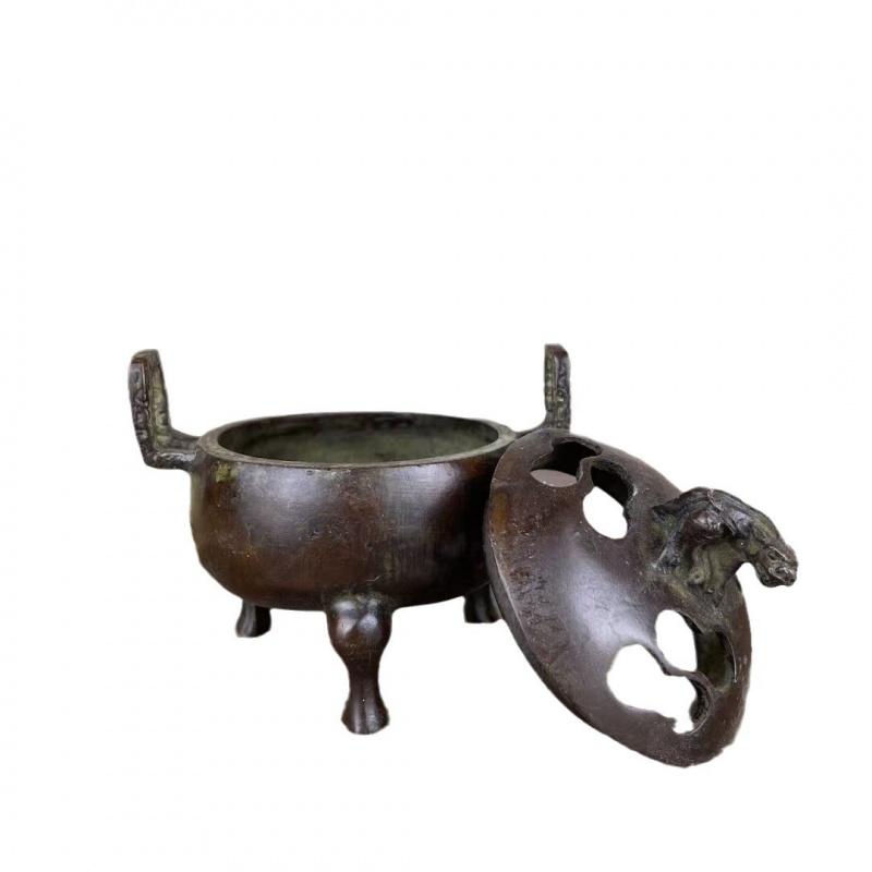 Style Double-Eared Three-Legged Incense Burner Ornament Antique Collection Alloy Beast Lid Furnace Home Buddha Hall Deco