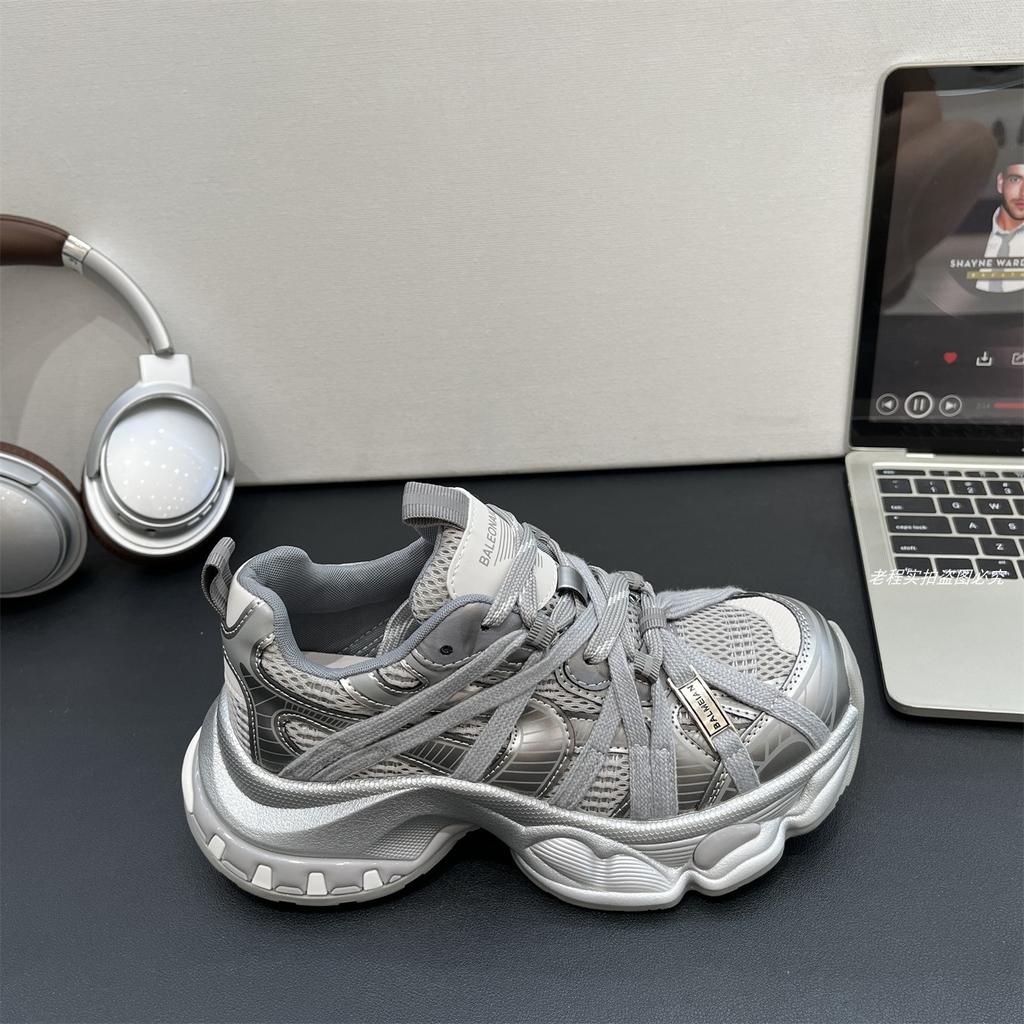 Fried Street thick-soled gray lightweight dad shoes women's 2025 autumn new u mesh breathable casual sports running shoes