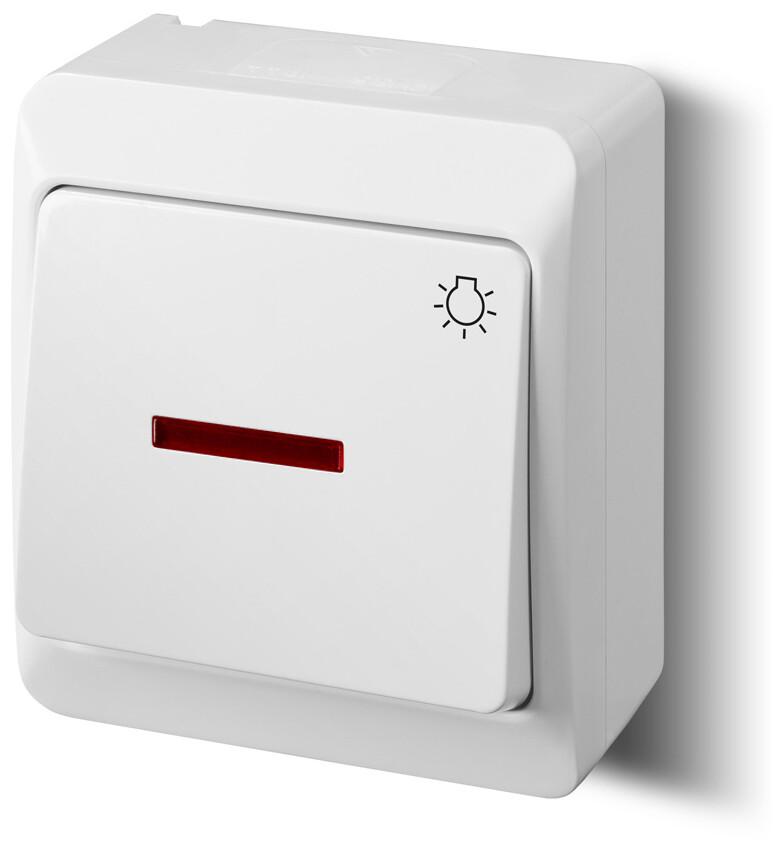 Light switch with backlight, surface-mounted, IP44, white, HERMES