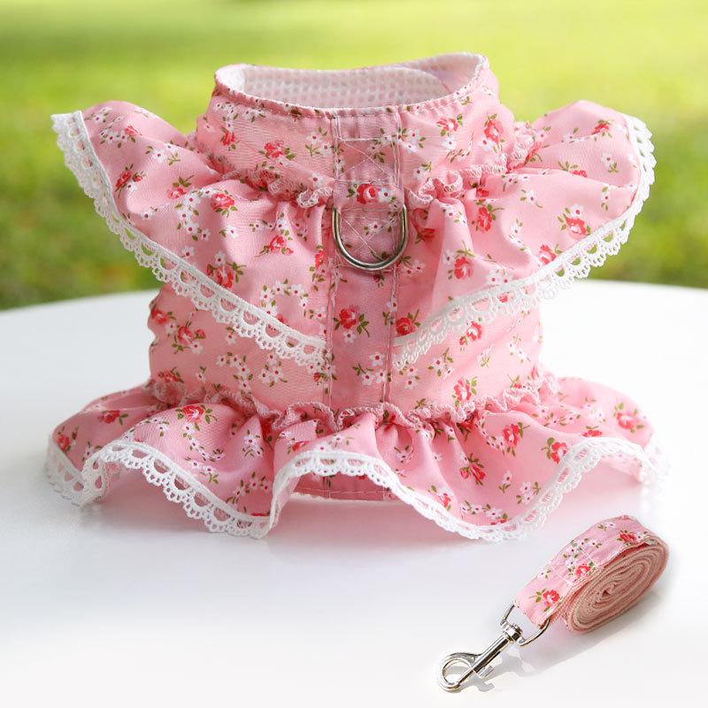 Dog Cat Harness Leash Set Adjustable Lace Floral Printed Pet Harness Vest Cute Dog Dress Pubby Mesh Cat Walking Lead