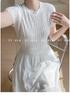 Elegant Slim-fit Round Neck Patchwork Dress for Women - Waist-cinching Solid White, Gentle Style, Summer Long Dress