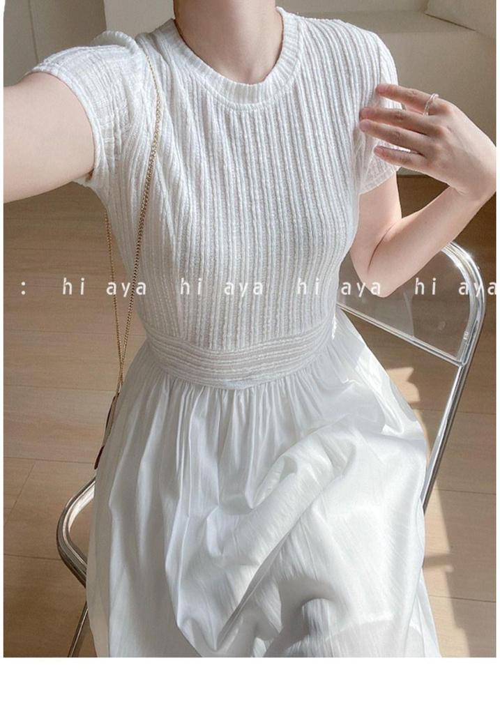 Elegant Slim-fit Round Neck Patchwork Dress for Women - Waist-cinching Solid White, Gentle Style, Summer Long Dress