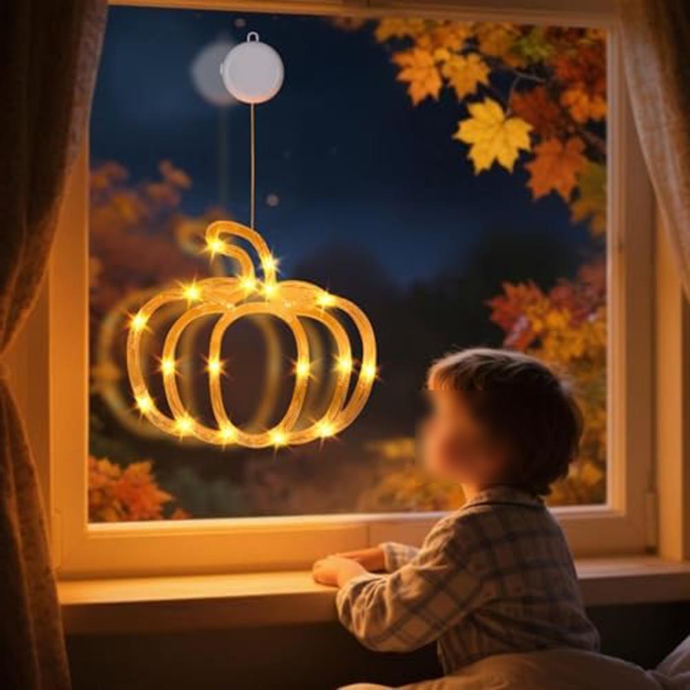 Battery Powered Autumn Window LED Lights with Pumpkin and Maple Leaf Shapes for Seasonal Ambiance In Homes and Commercial Spaces