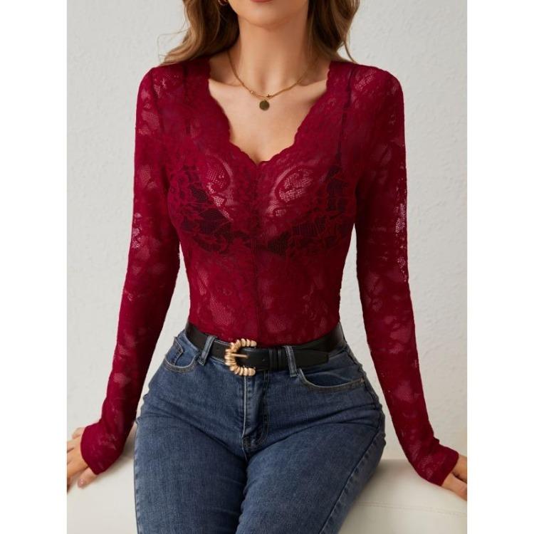 Women Sexy V Neck Lace Base Shirt Slimming Long Sleeve Top Comfortable Single Layer Fall Winter New Inside Wear