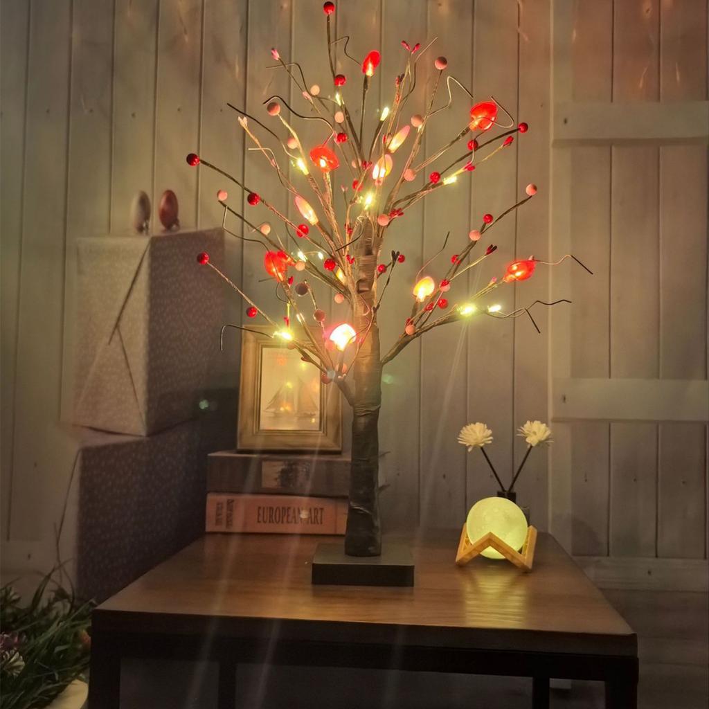24in Valentines Day Tree Lamp with Heart Berry Red Tinsel Ornaments Led USB Battery Operated Lighted Table Tree for