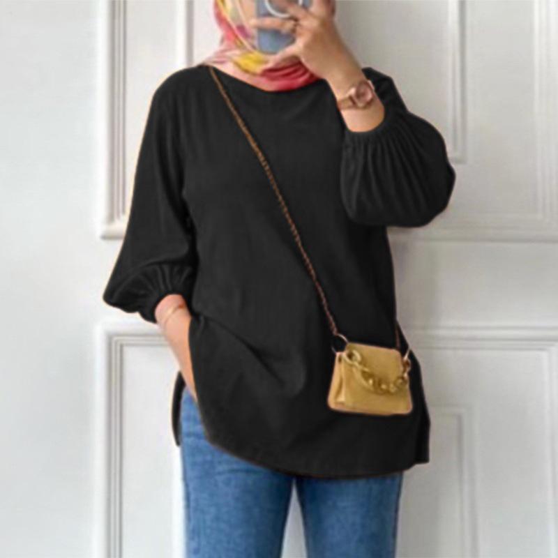 2025 Spring/Autumn Women's Loose Round Neck Solid Lantern Sleeve Knitted Top