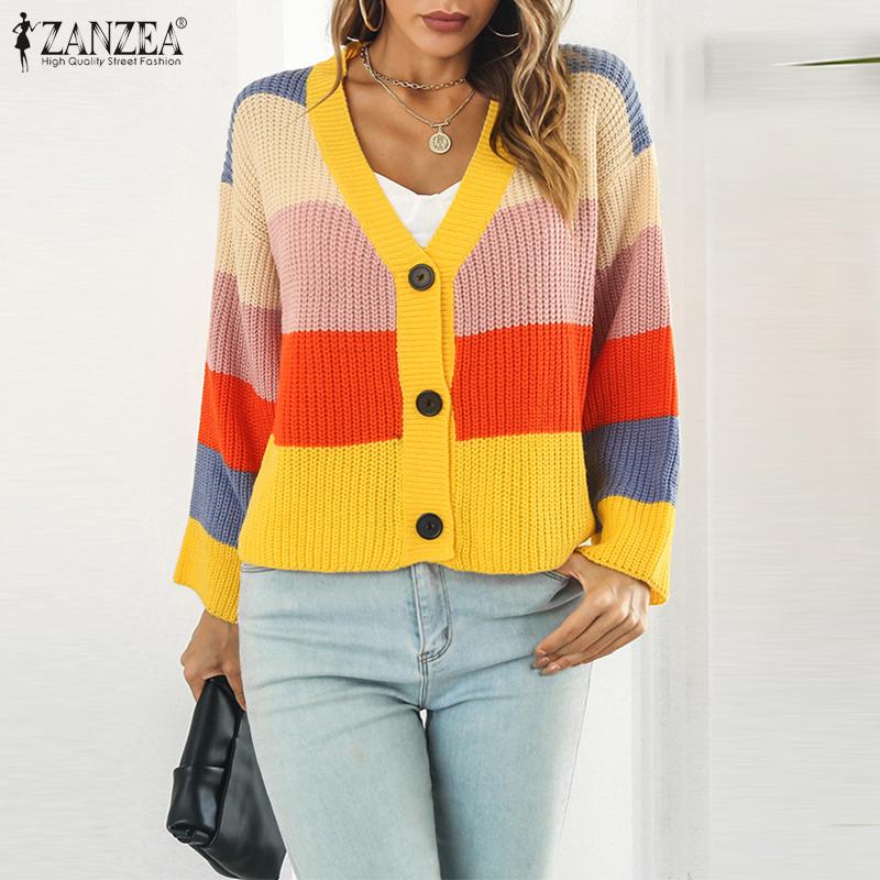 

ZANZEA Осень Весна Женские С V-образным вырезом Длинный рукав Красочная полоска Повседневные Свитера Кардиганы Трикотаж L жёлтый