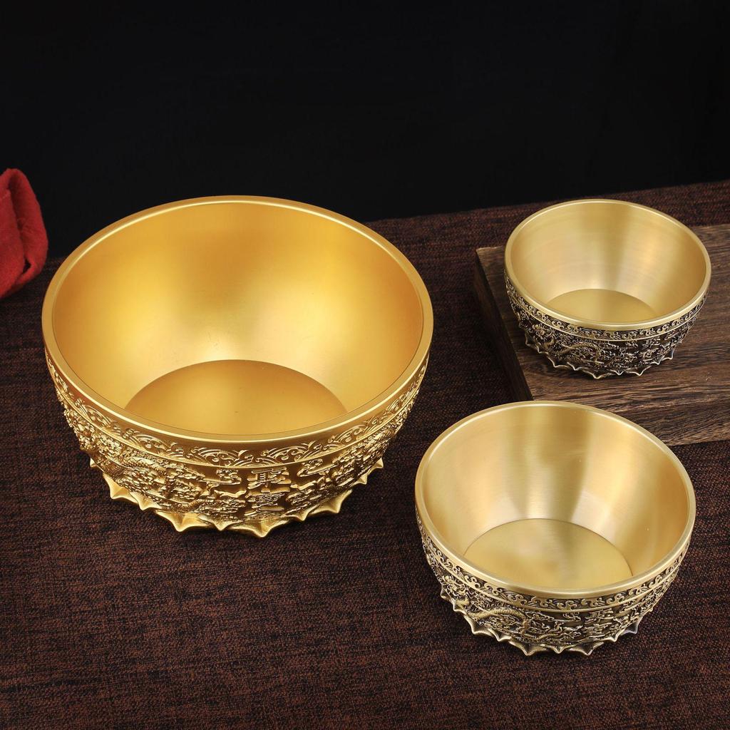 Copper Double Dragon Treasure Bowl: Wealth-Attracting Ornament for Home or Shop.