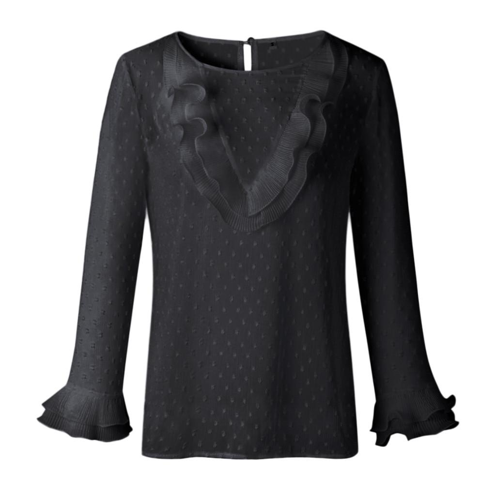 Women Ladies Casual Lace Polka Dot T-shirt Long Sleeve Tops Blouse