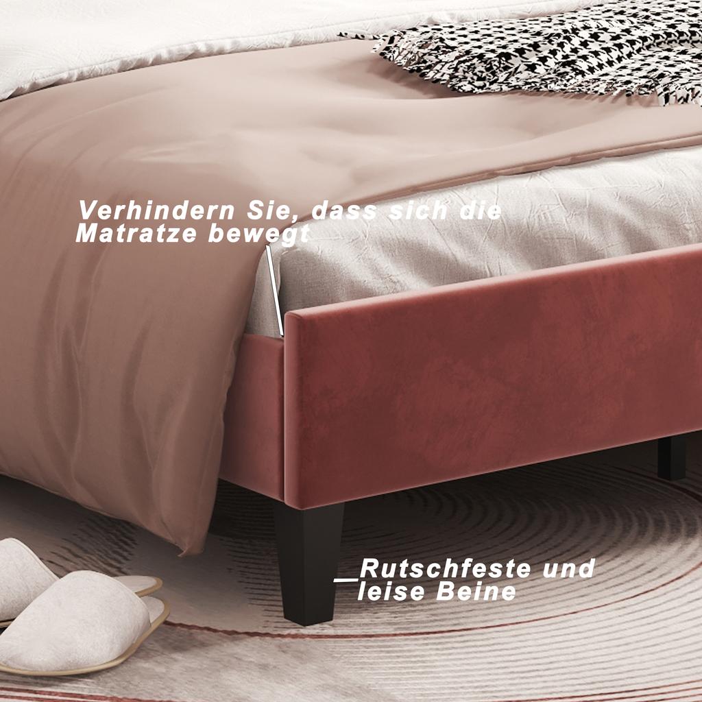 Letto Matrimoniale Imbottito 140 x 200 cm, Struttura Letto con Testiera a Forma di Fiore e Rete a Doghe, Adulto-Ragazzo, Velluto Amico della Pelle, Letto per Ospiti, Rosso Fagiolo