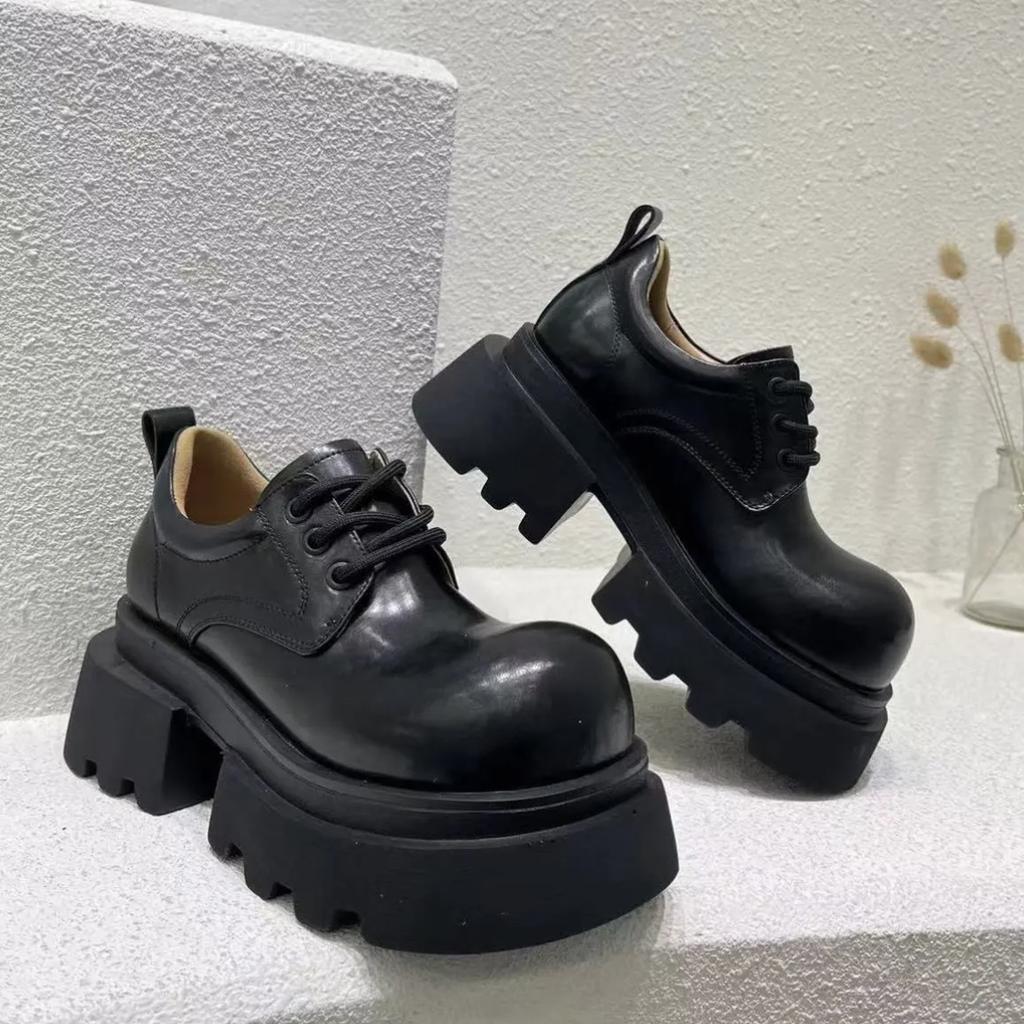 Fashion Genuine Leather Round Toe Loafers Women's Thick-Soled Lace-Up Black Patent Leather Platform Shoes Fashion 2025 Spring New Shoes