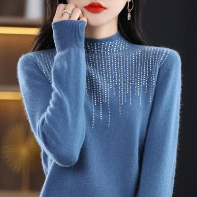 Women's Half Turtleneck Diamond Sweater,, 30% Cashmere 70% Wool, Winter Knitted Pullover Autumn Sweater Cashmere Sweater
